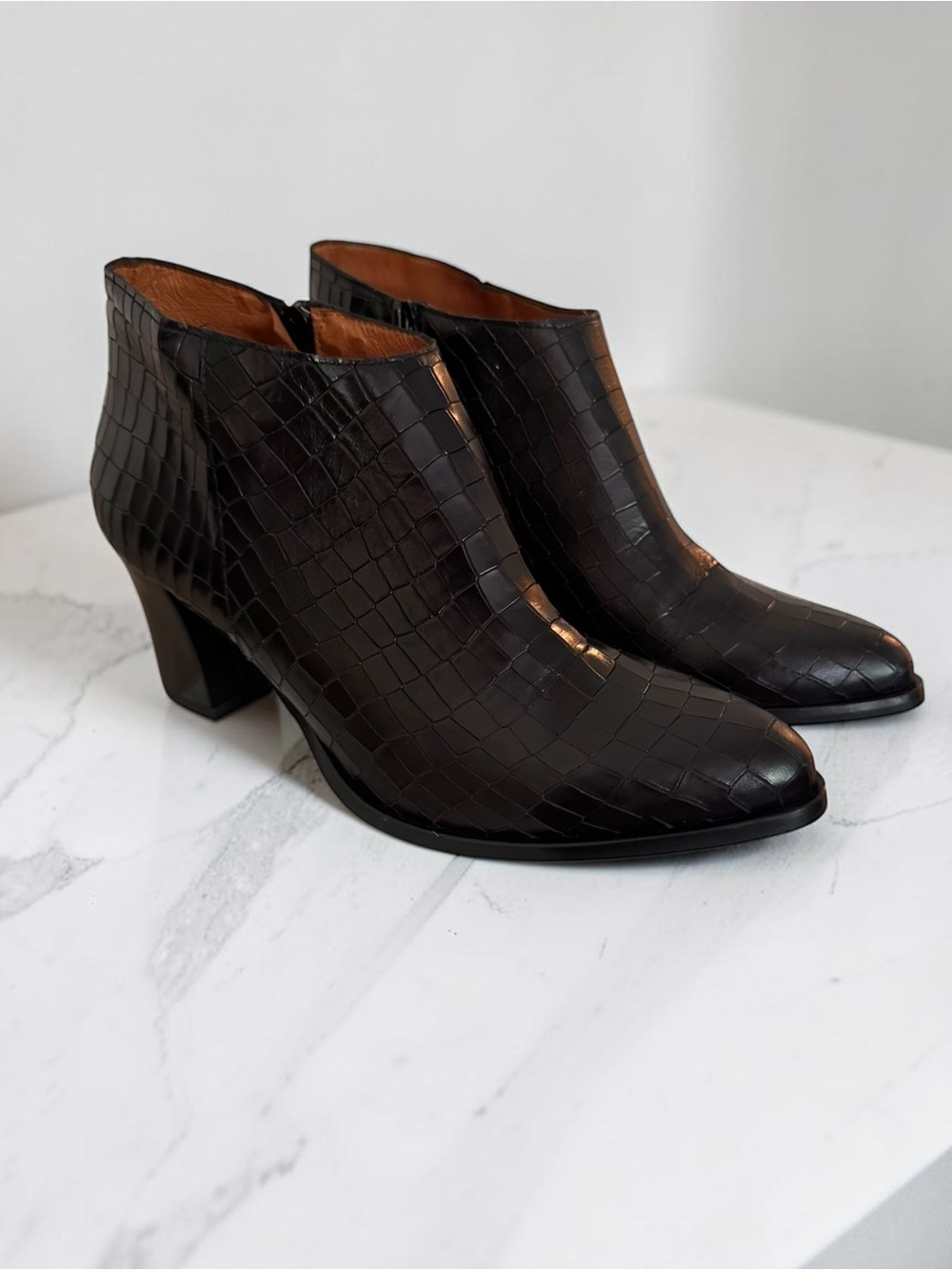 Eric Michael Black Croc-Embossed Leather Ankle Booties